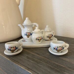 Vintage Miniature Porcelain Tea Set 11 Piece Tray Flowers Doll House Size